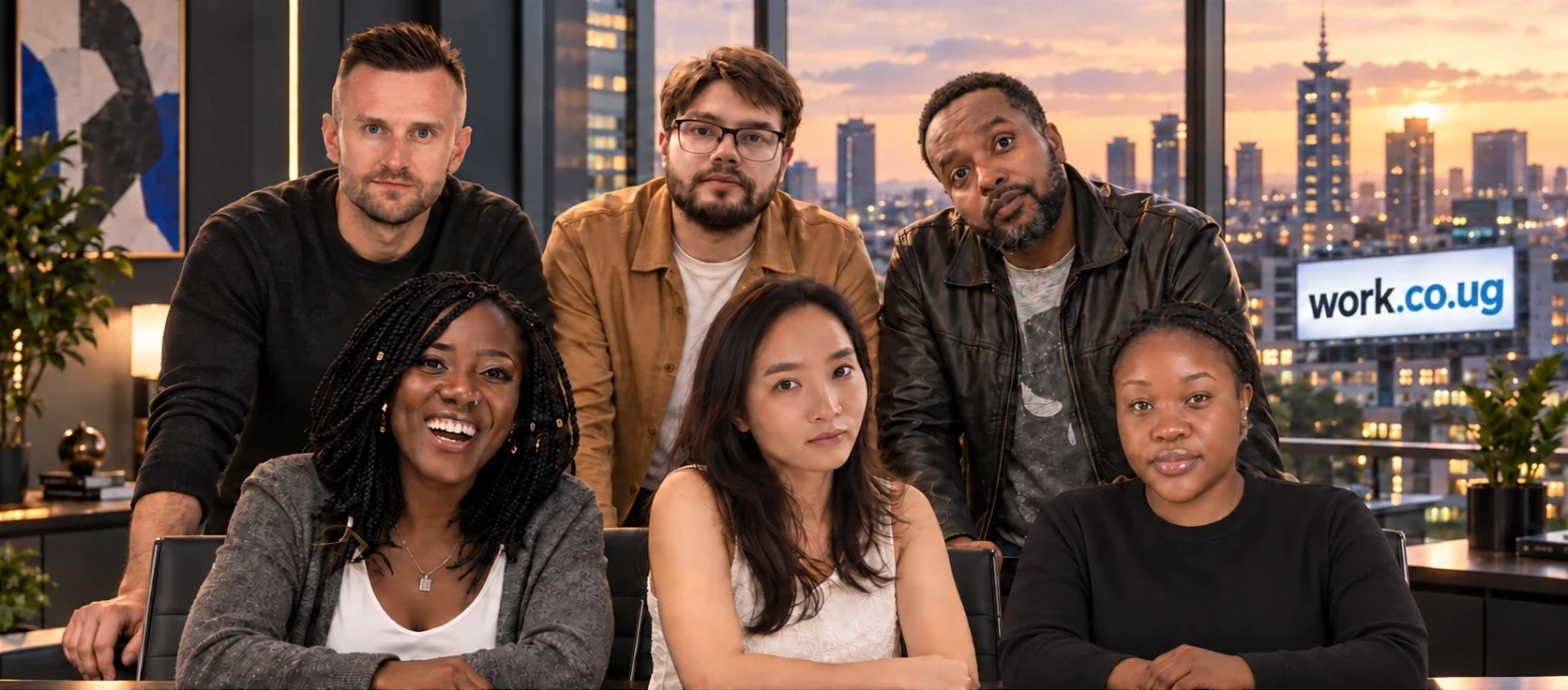 The workghana.net team: Oleg Cherkas, Dzmitry Zgolich and Victor Kimotho standing, Michelle Masiga, Thu Thuy Do and Nerea Isit seated