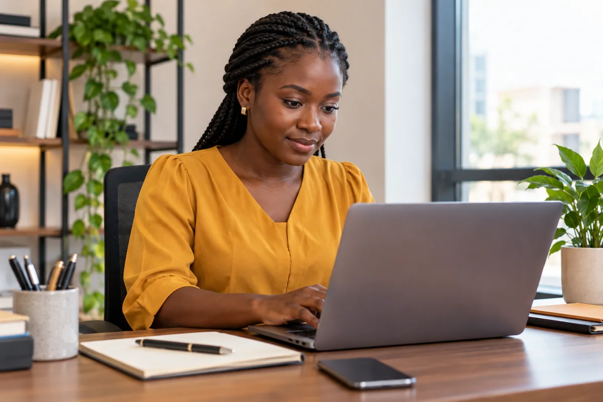 A young woman writing an email on her laptop