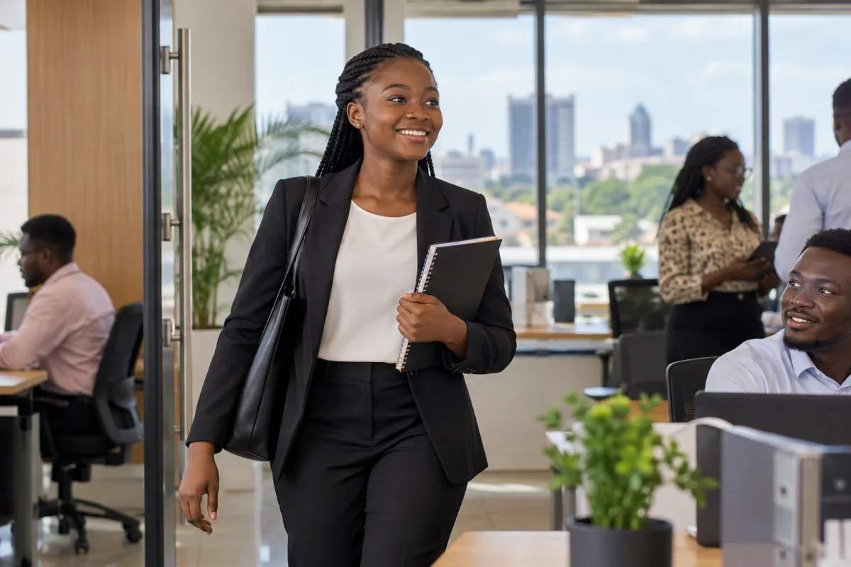 A young professional walking into her first office job