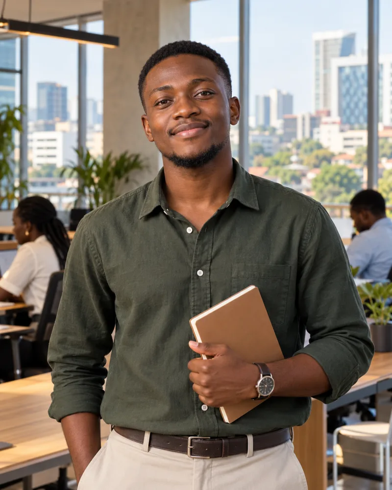 A young professional holding a notebook in an Accra office