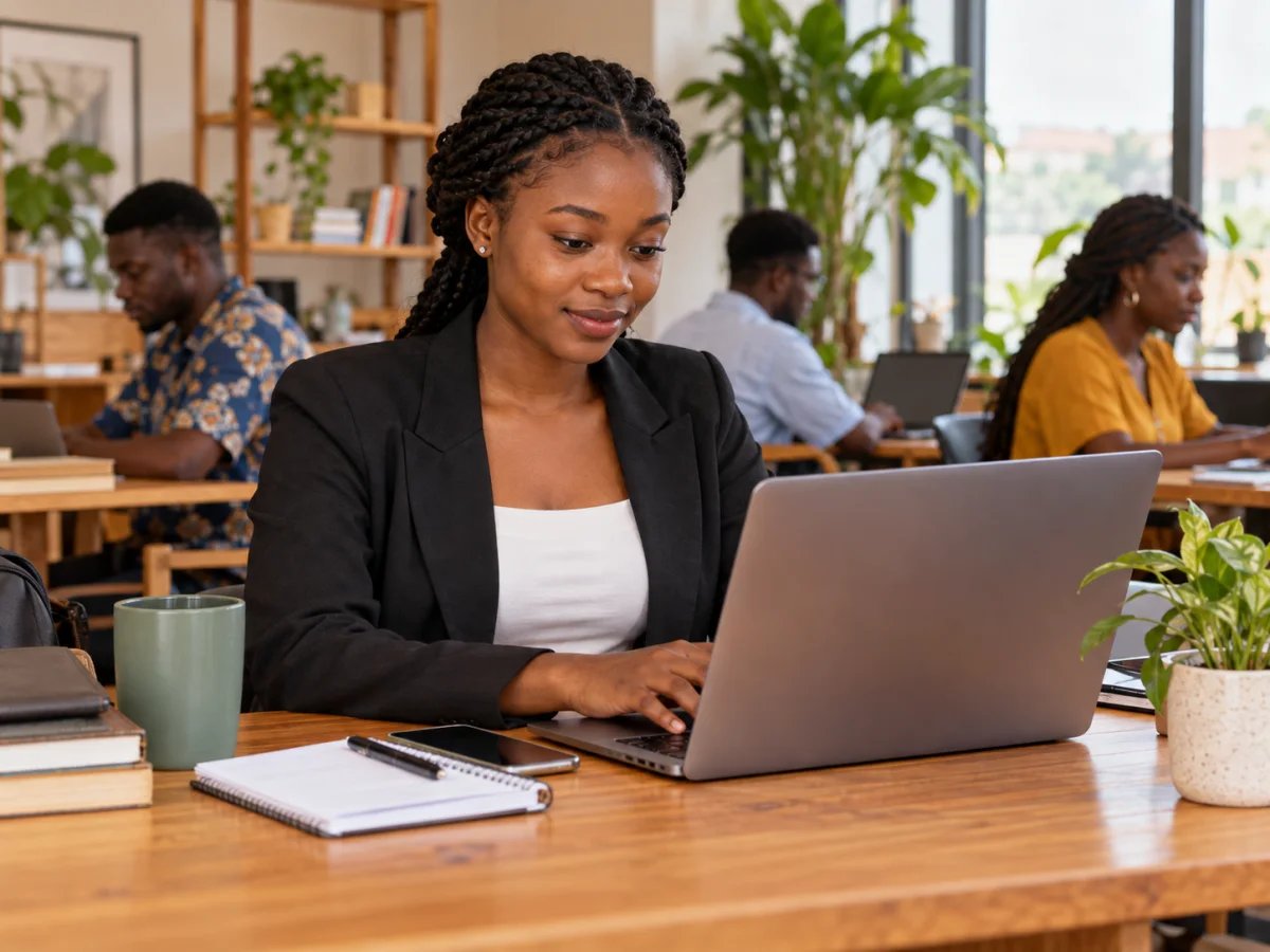 A young woman updating her CV on a laptop.