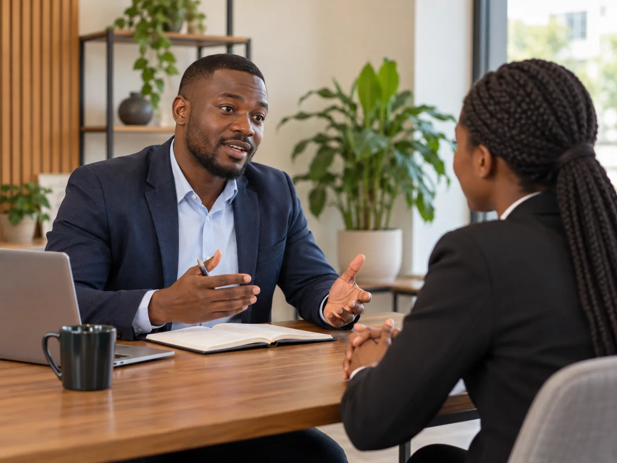 A hiring manager interviewing a candidate across a desk.