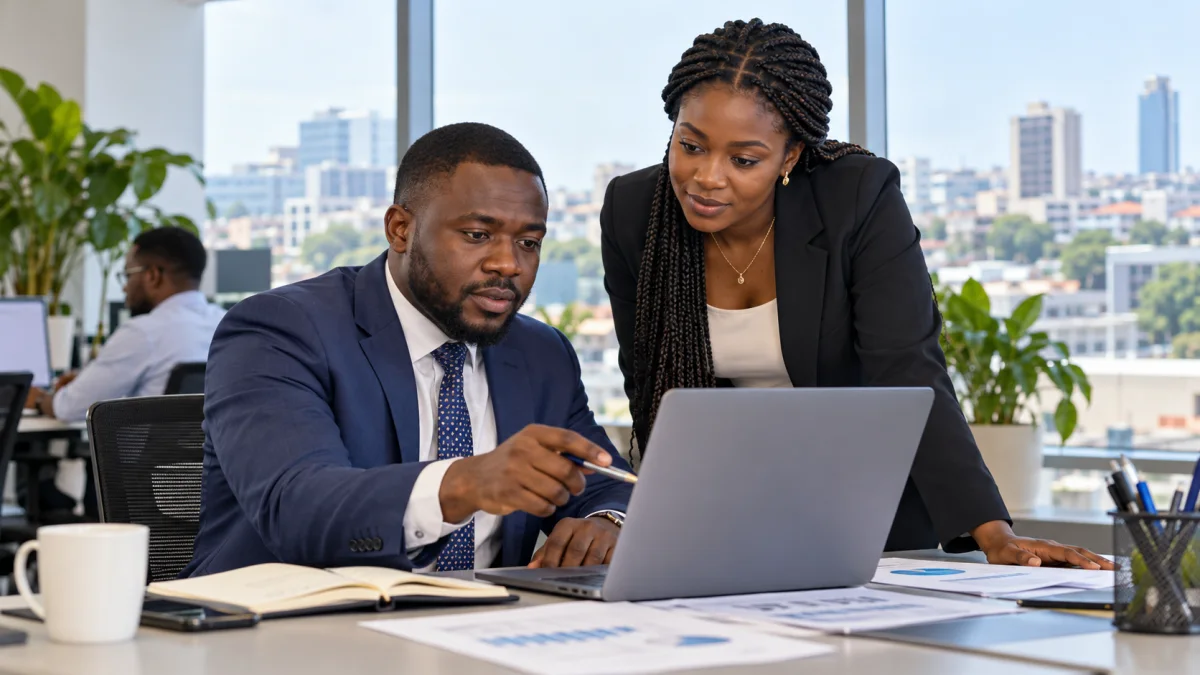 Finance colleagues reviewing figures at a desk.