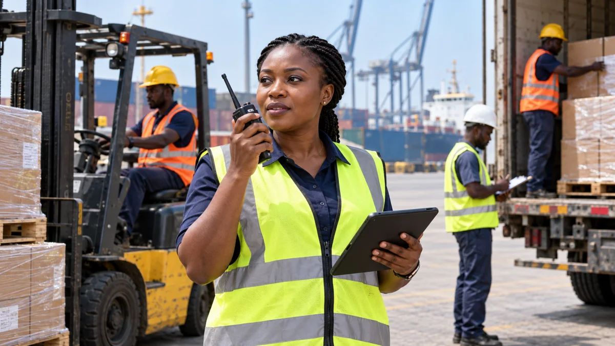 A logistics worker with a tablet beside stacked goods.